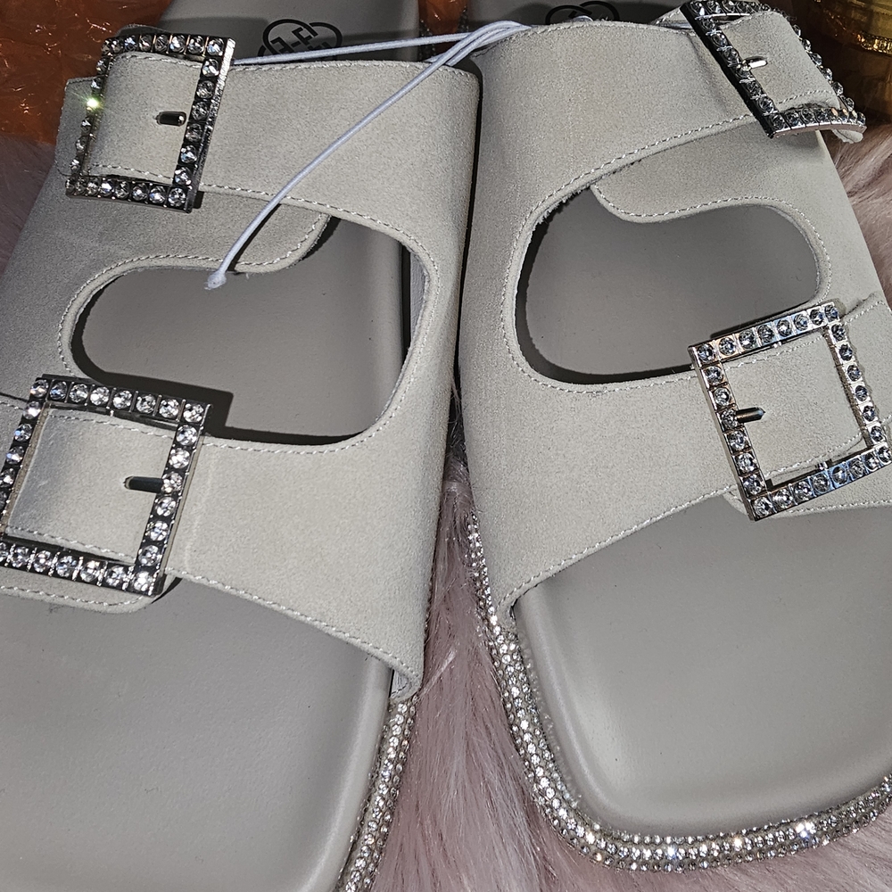 Elegant  Winter White/ TqnSandals with Rhinestone Buckles
